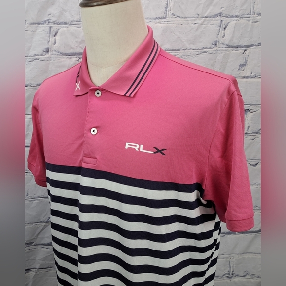 RLX Ralph Lauren Men's Golf Polo Shirt Logo Pink Navy Striped Large - Picture 3 of 14